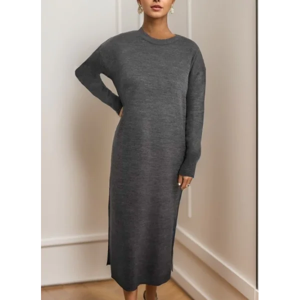 Kadın Uzun Kollu Bisiklet Yaka Yırtmaç Detay Triko Midi Boy Elbise