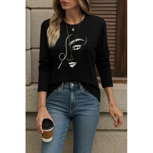 Kadın Uzun Kollu Bisiklet Yaka Yüz Desenli Viskon Bluz