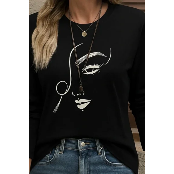 Kadın Uzun Kollu Bisiklet Yaka Yüz Desenli Viskon Bluz