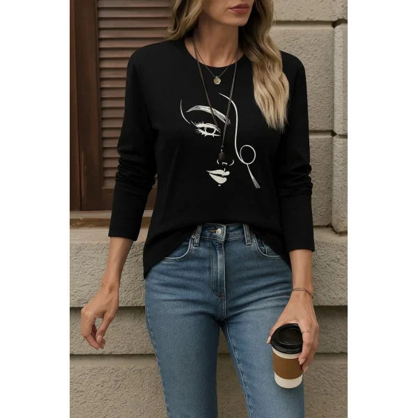 Kadın Uzun Kollu Bisiklet Yaka Yüz Desenli Viskon Bluz