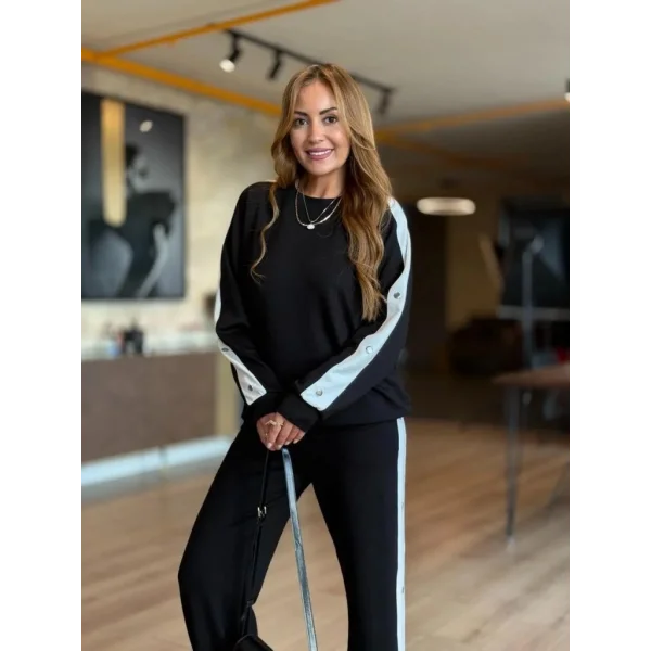 Kadın Uzun Kollu Bisiklet Yakalı Düğmeli Viskon Iki Iplik Bluz Ve Pantolon Ikili Takım