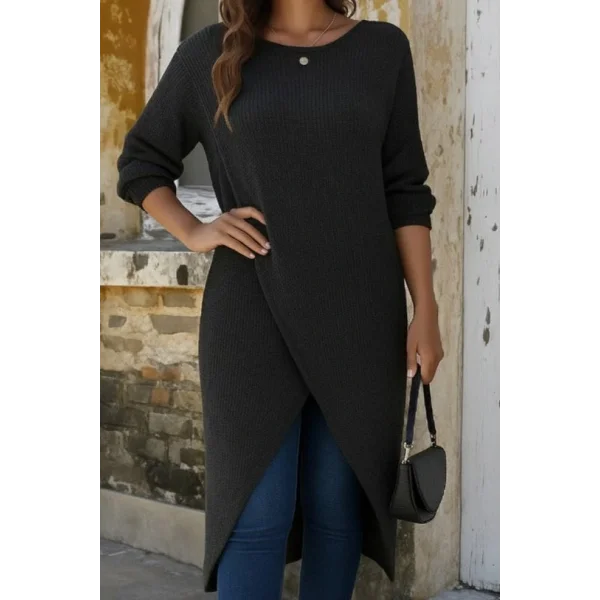 Kadın Uzun Kollu Bisiklet Yakalı önden çapraz Kesim Detaylı Midi Triko Elbise
