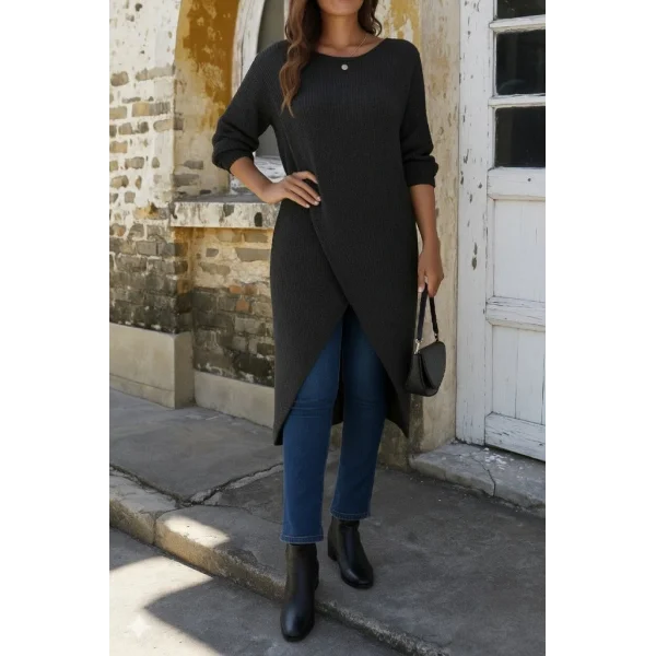 Kadın Uzun Kollu Bisiklet Yakalı önden çapraz Kesim Detaylı Midi Triko Elbise