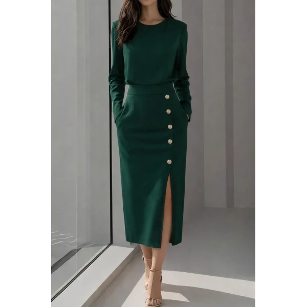 Kadın Uzun Kollu Bisiklet Yakalı Yandan Yırtmaçlı Düğmeli Midi Ithal Krep Elbise