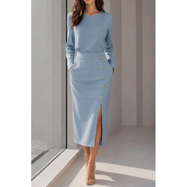 Kadın Uzun Kollu Bisiklet Yakalı Yandan Yırtmaçlı Düğmeli Midi Ithal Krep Elbise