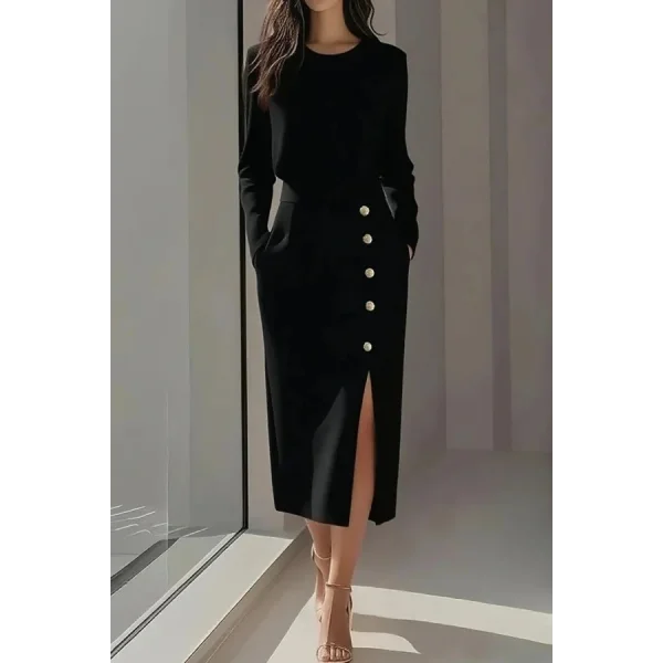 Kadın Uzun Kollu Bisiklet Yakalı Yandan Yırtmaçlı Düğmeli Midi Ithal Krep Elbise