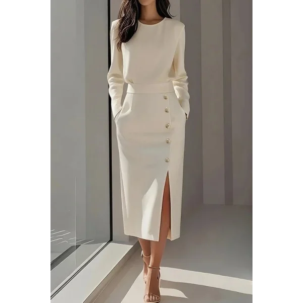 Kadın Uzun Kollu Bisiklet Yakalı Yandan Yırtmaçlı Düğmeli Midi Ithal Krep Elbise
