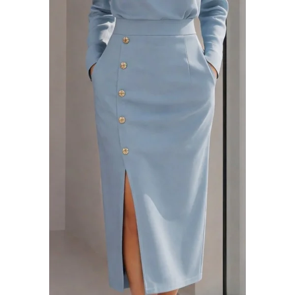 Kadın Uzun Kollu Bisiklet Yakalı Yandan Yırtmaçlı Düğmeli Midi Ithal Krep Elbise