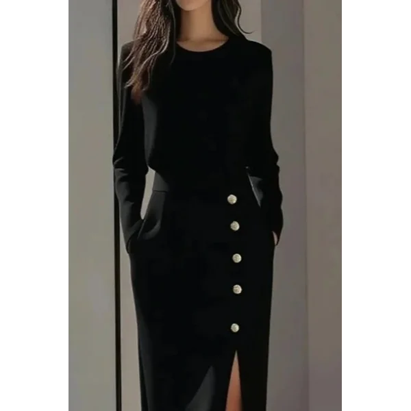 Kadın Uzun Kollu Bisiklet Yakalı Yandan Yırtmaçlı Düğmeli Midi Ithal Krep Elbise