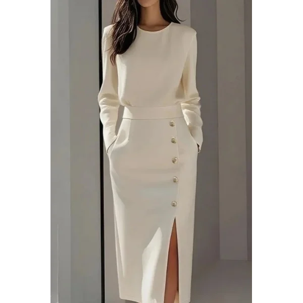 Kadın Uzun Kollu Bisiklet Yakalı Yandan Yırtmaçlı Düğmeli Midi Ithal Krep Elbise