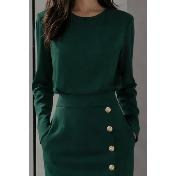 Kadın Uzun Kollu Bisiklet Yakalı Yandan Yırtmaçlı Düğmeli Midi Ithal Krep Elbise