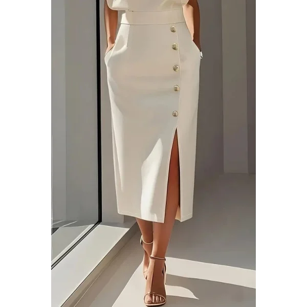 Kadın Uzun Kollu Bisiklet Yakalı Yandan Yırtmaçlı Düğmeli Midi Ithal Krep Elbise