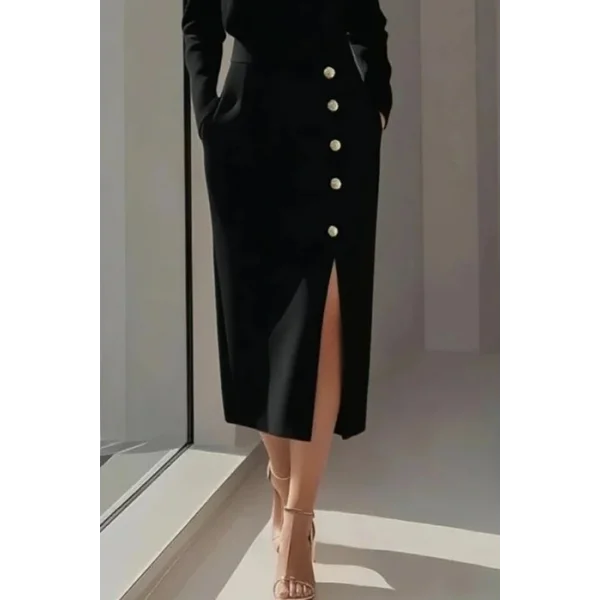 Kadın Uzun Kollu Bisiklet Yakalı Yandan Yırtmaçlı Düğmeli Midi Ithal Krep Elbise