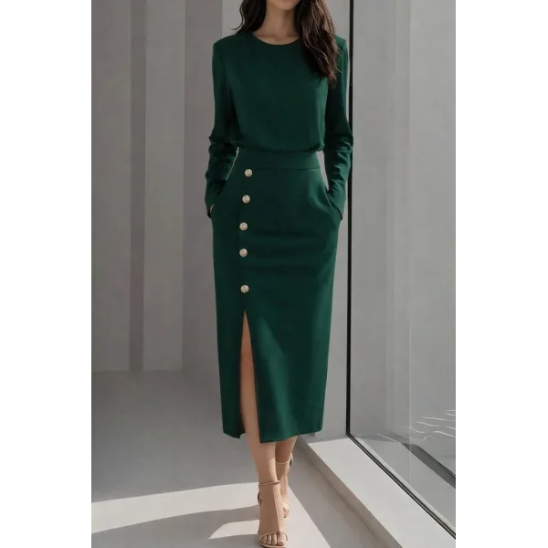 Kadın Uzun Kollu Bisiklet Yakalı Yandan Yırtmaçlı Düğmeli Midi Ithal Krep Elbise