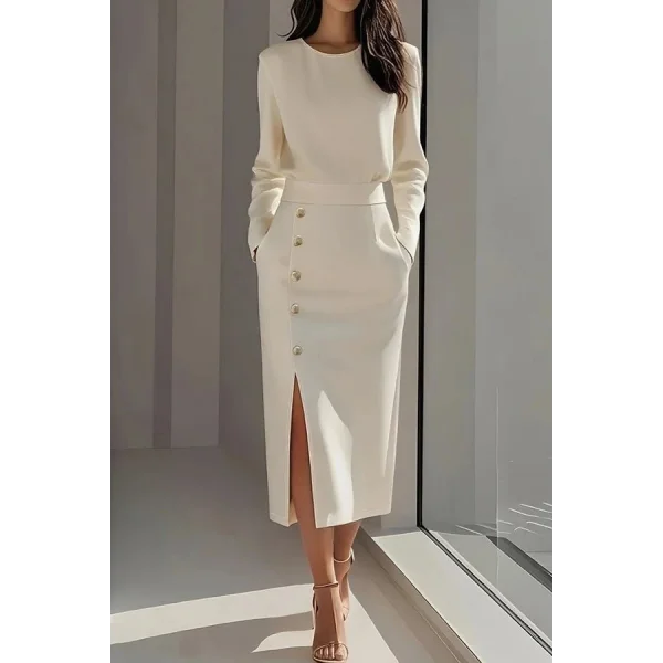 Kadın Uzun Kollu Bisiklet Yakalı Yandan Yırtmaçlı Düğmeli Midi Ithal Krep Elbise