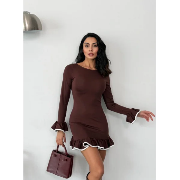 Kadın Uzun Kollu Biye Ve Volan Detaylı Dalgıç Kumaş Mini Elbise