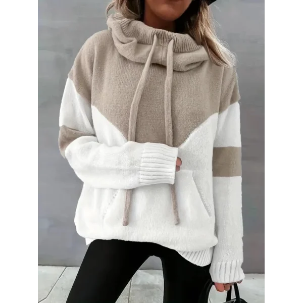 Kadın Uzun Kollu Blok Desenli Bağcıklı Triko Bluz