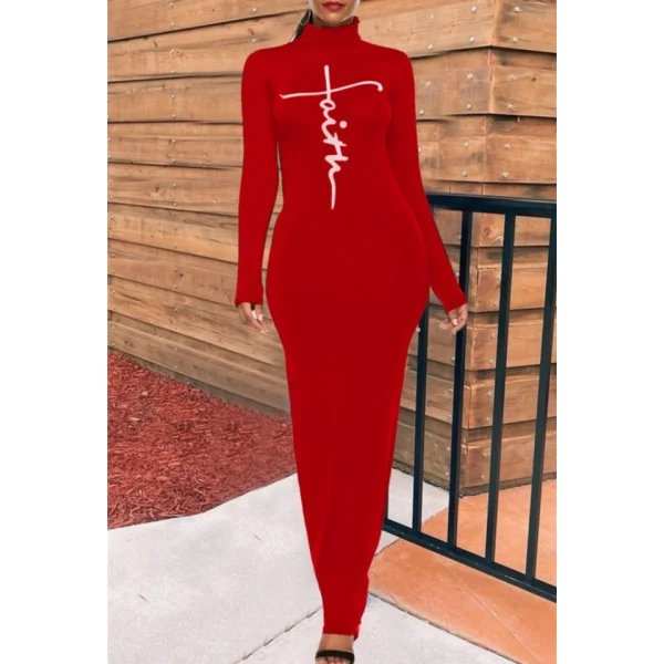 Kadın Uzun Kollu Boğazlı Baskı Detaylı Viskon Tam Boy Elbise