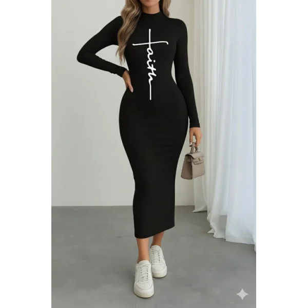 Kadın Uzun Kollu Boğazlı Baskı Detaylı Viskon Tam Boy Elbise