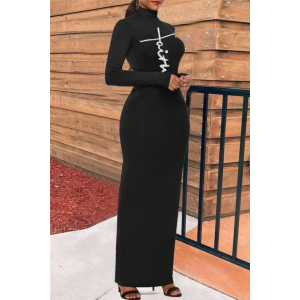 Kadın Uzun Kollu Boğazlı Baskı Detaylı Viskon Tam Boy Elbise