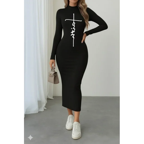 Kadın Uzun Kollu Boğazlı Baskı Detaylı Viskon Tam Boy Elbise