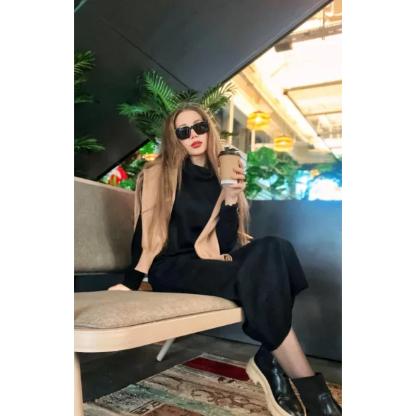 Kadın Uzun Kollu Boğazlı Midi Boy Triko Elbise (kemersiz)