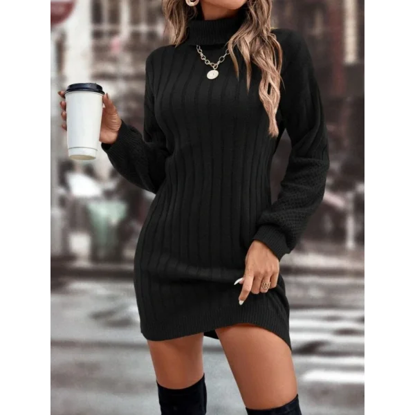 Kadın Uzun Kollu Boğazlı Uzun Balon Kol Triko Mini Elbise