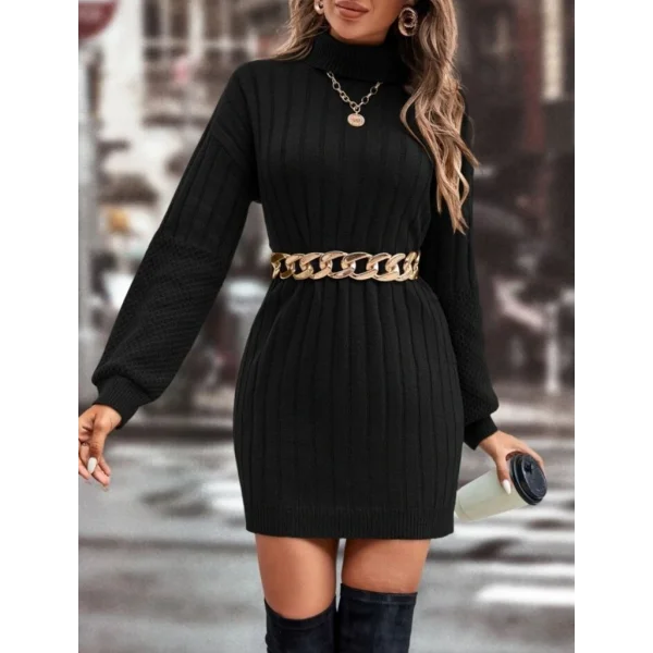 Kadın Uzun Kollu Boğazlı Uzun Balon Kol Triko Mini Elbise