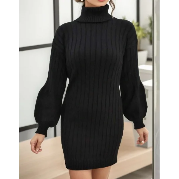 Kadın Uzun Kollu Boğazlı Uzun Balon Kol Triko Mini Elbise