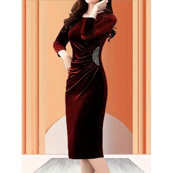 Kadın Uzun Kollu Bot Yaka Yanı Taş Detaylı Midi Kadife Elbise