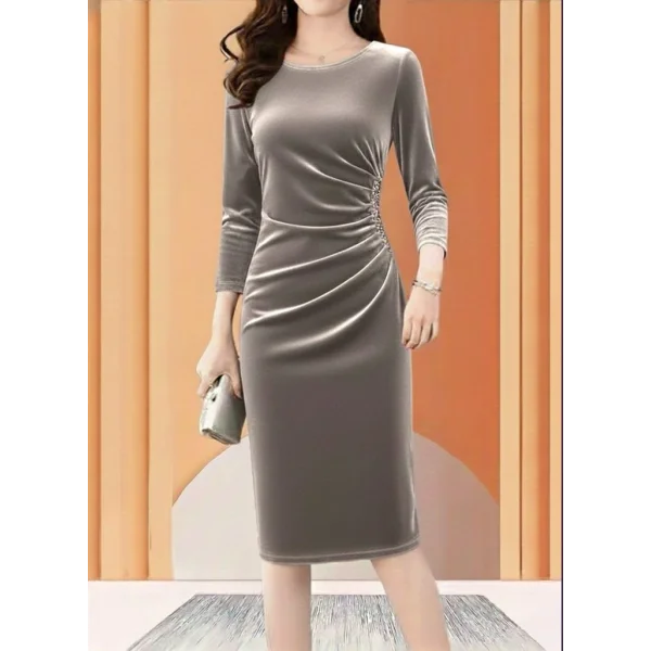 Kadın Uzun Kollu Bot Yaka Yanı Taş Detaylı Midi Kadife Elbise