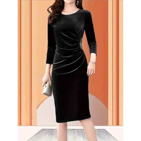 Kadın Uzun Kollu Bot Yaka Yanı Taş Detaylı Midi Kadife Elbise