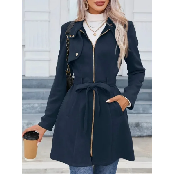 Kadın Uzun Kollu Boyundan Düğmeli Fermuarlı Beli Kuşaklı Süet Ceket