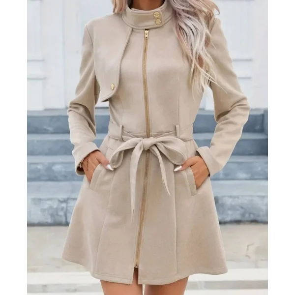 Kadın Uzun Kollu Boyundan Düğmeli Fermuarlı Beli Kuşaklı Süet Ceket