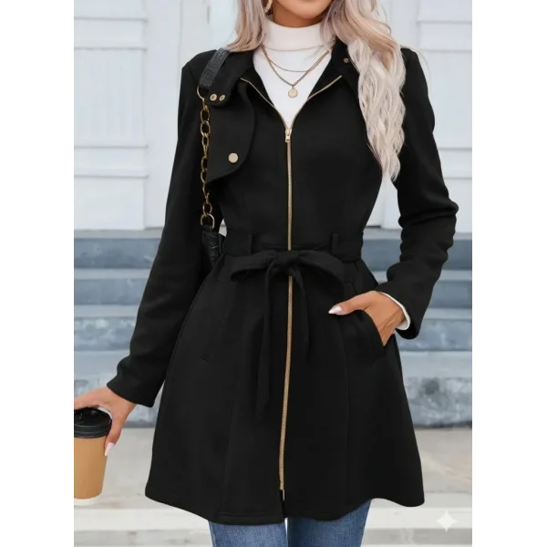 Kadın Uzun Kollu Boyundan Düğmeli Fermuarlı Beli Kuşaklı Süet Ceket