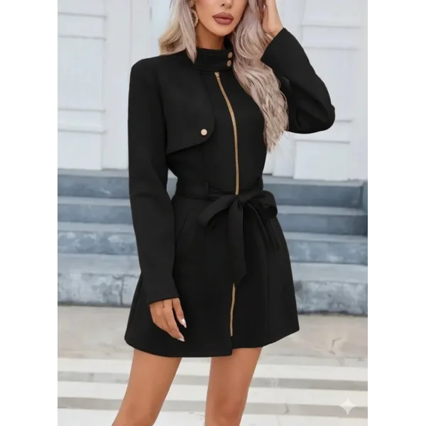 Kadın Uzun Kollu Boyundan Düğmeli Fermuarlı Beli Kuşaklı Süet Ceket
