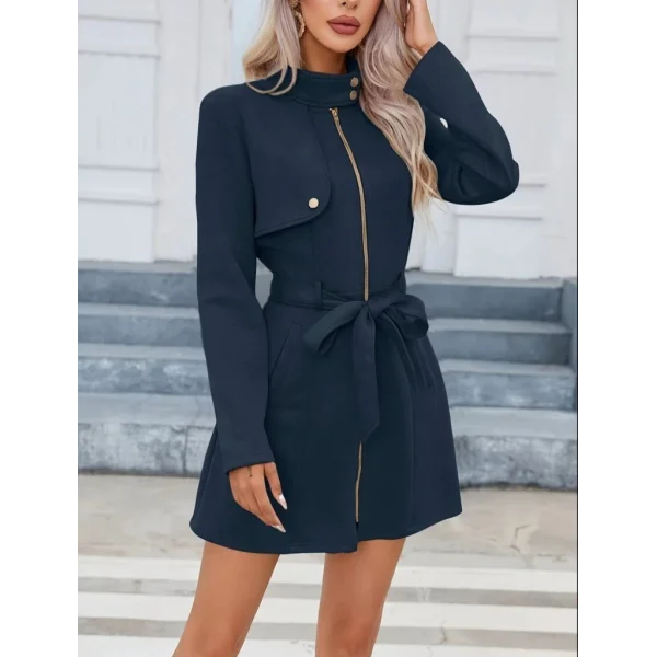 Kadın Uzun Kollu Boyundan Düğmeli Fermuarlı Beli Kuşaklı Süet Ceket