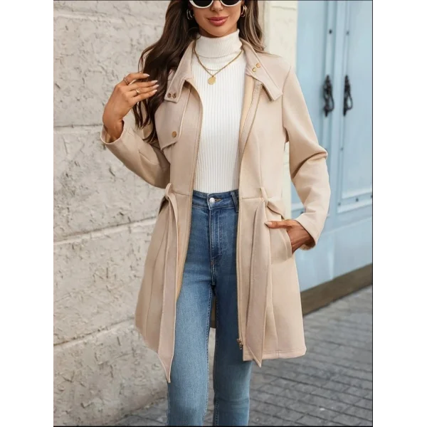 Kadın Uzun Kollu Boyundan Düğmeli Fermuarlı Beli Kuşaklı Süet Ceket