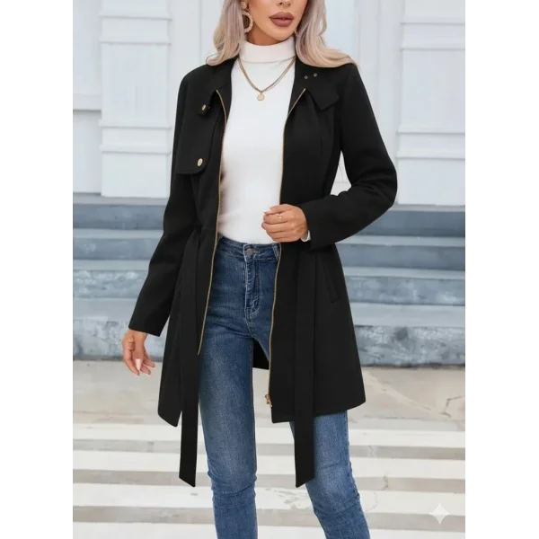 Kadın Uzun Kollu Boyundan Düğmeli Fermuarlı Beli Kuşaklı Süet Ceket