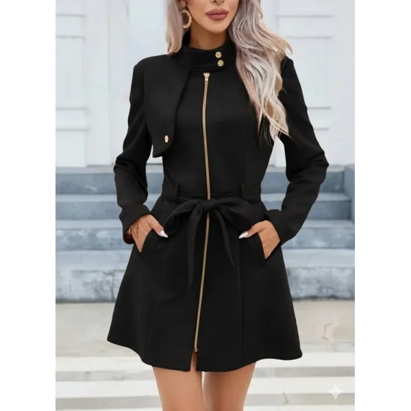 Kadın Uzun Kollu Boyundan Düğmeli Fermuarlı Beli Kuşaklı Süet Ceket