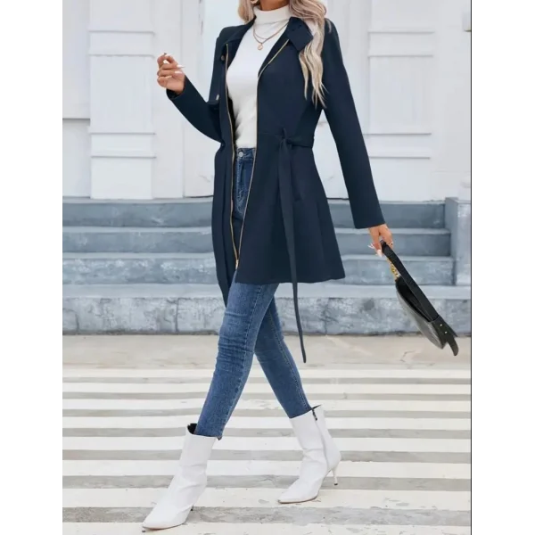 Kadın Uzun Kollu Boyundan Düğmeli Fermuarlı Beli Kuşaklı Süet Ceket