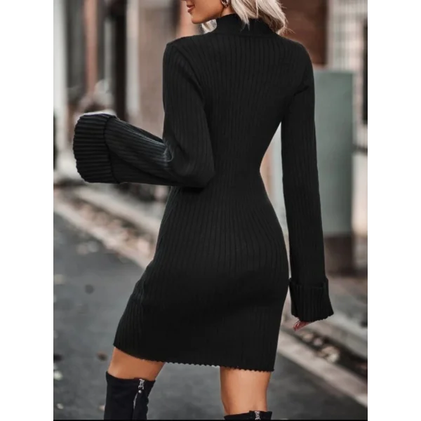 Kadın Uzun Kollu Bukle Kol Katlamalı Balıkçı Yaka Yırtmaç Detay Mini Elbise