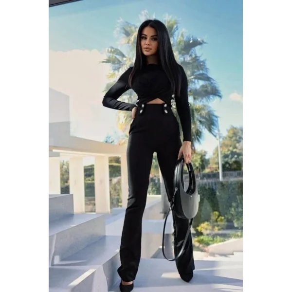 Kadın Uzun Kollu çapraz Büzgü Detay Bluz Ve Yüksek Bel Düğme Detay Pantolon Ikili Takım