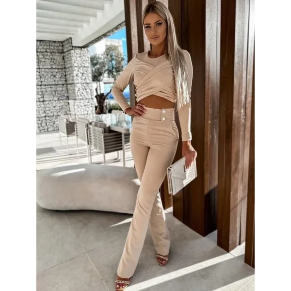 Kadın Uzun Kollu çapraz Büzgü Detay Bluz Ve Yüksek Bel Düğme Detay Pantolon Ikili Takım