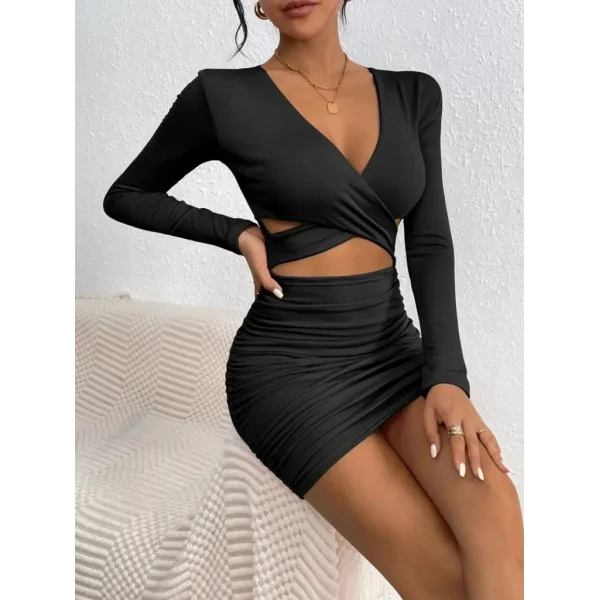Kadın Uzun Kollu çapraz Dekolte Detaylı Mini Sandy Elbise