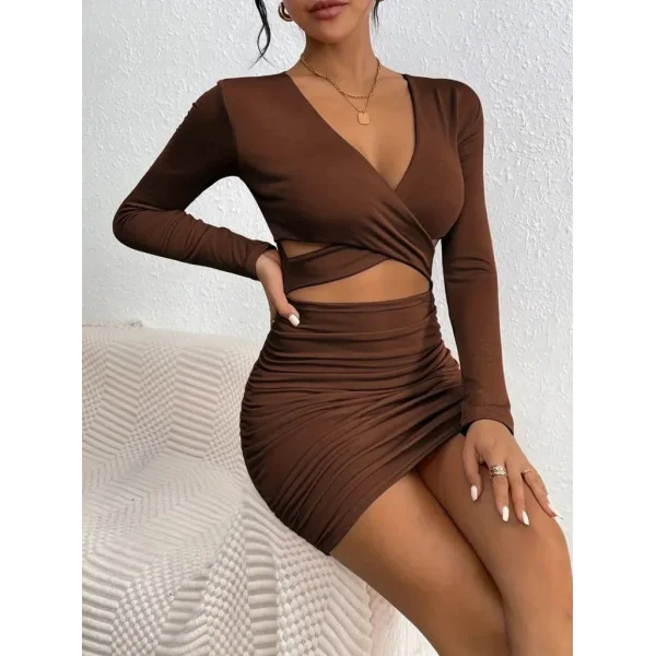 Kadın Uzun Kollu çapraz Dekolte Detaylı Mini Sandy Elbise
