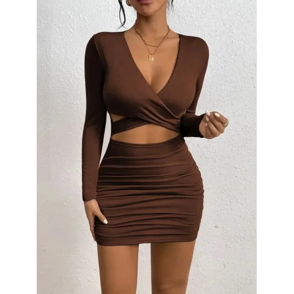 Kadın Uzun Kollu çapraz Dekolte Detaylı Mini Sandy Elbise