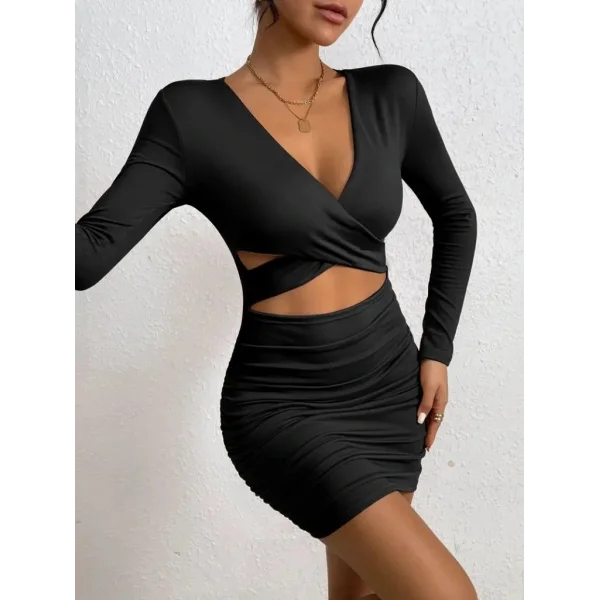 Kadın Uzun Kollu çapraz Dekolte Detaylı Mini Sandy Elbise