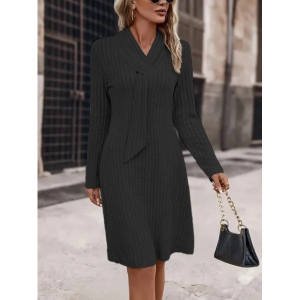 Kadın Uzun Kollu çapraz Geçmeli Kravat Yaka şardonlu Kaşkorse Kısa Elbise