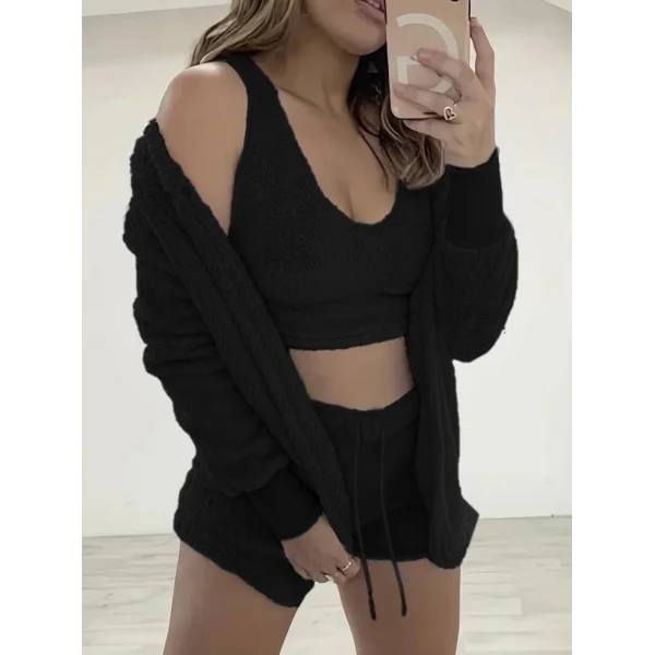 Kadın Uzun Kollu Ceket, Askılı Peluş Bluz Ve şort üçlü Takım